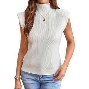 Women Fashion White Shoulder Pads Mock‎ Neck Cap Sleeve Knit Sweater Top Size XS